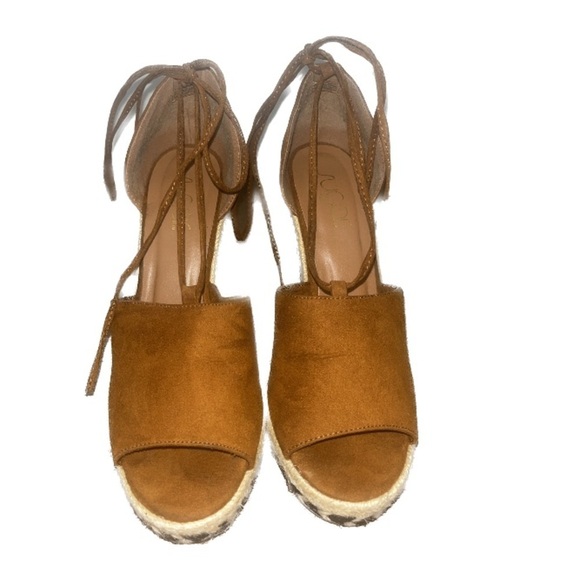 Sugar Suede Sz 7.5 Brown Peep Toe Wrap Around Ankle Tie Lace-Up Heels Wedged - Picture 5 of 7